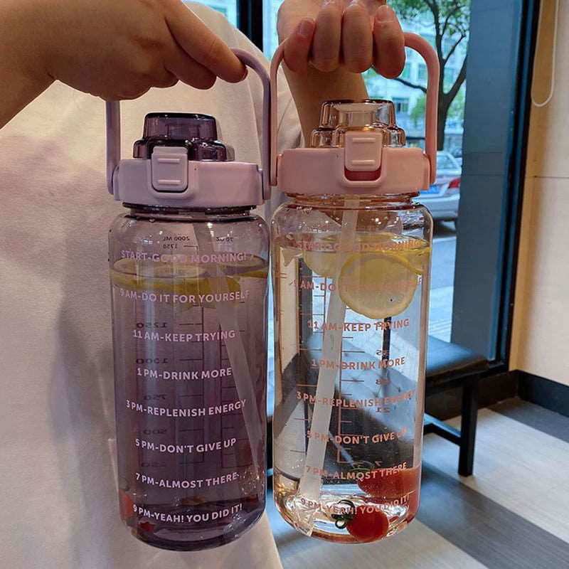 2 Liter Water Bottle with Straw Female Jug Girls Portable Travel bottles Fitness Bike Cup Summer Cold Water Jug with Time Marker - a1 - z1