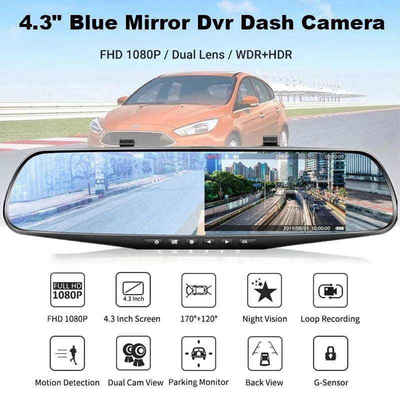 4.3in Car Dash Cam 24H Driving Recorder HD 1080P Cycle Mirror Dvr Dash Cam Dual Lens Video Recorder Car DVR Dash Camera Dashcam - a1 - z1