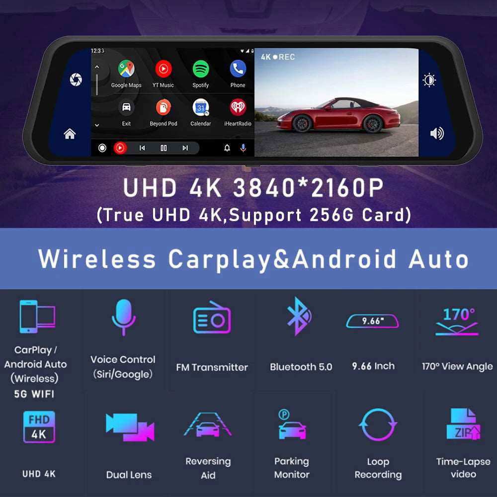 4K 2160P Carplay Android Auto Car Dvr 5G WIFI GPS Dash Cam FM Radio Dashcam Car Camera Stream RearView Mirror Drive Recorder - a1 - z1