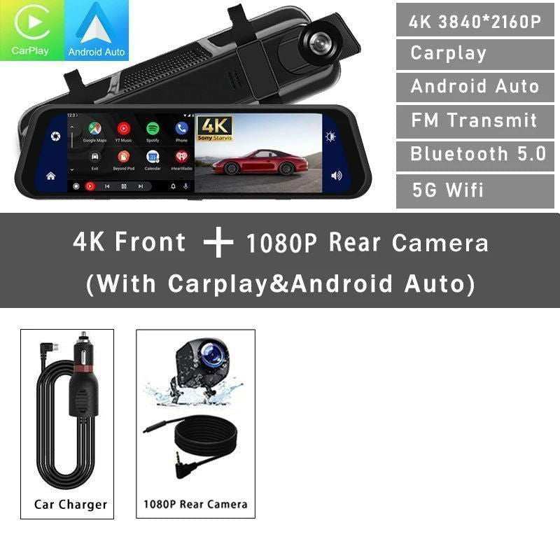 4K 2160P Carplay Android Auto Car Dvr 5G WIFI GPS Dash Cam FM Radio Dashcam Car Camera Stream RearView Mirror Drive Recorder - a1 - z1