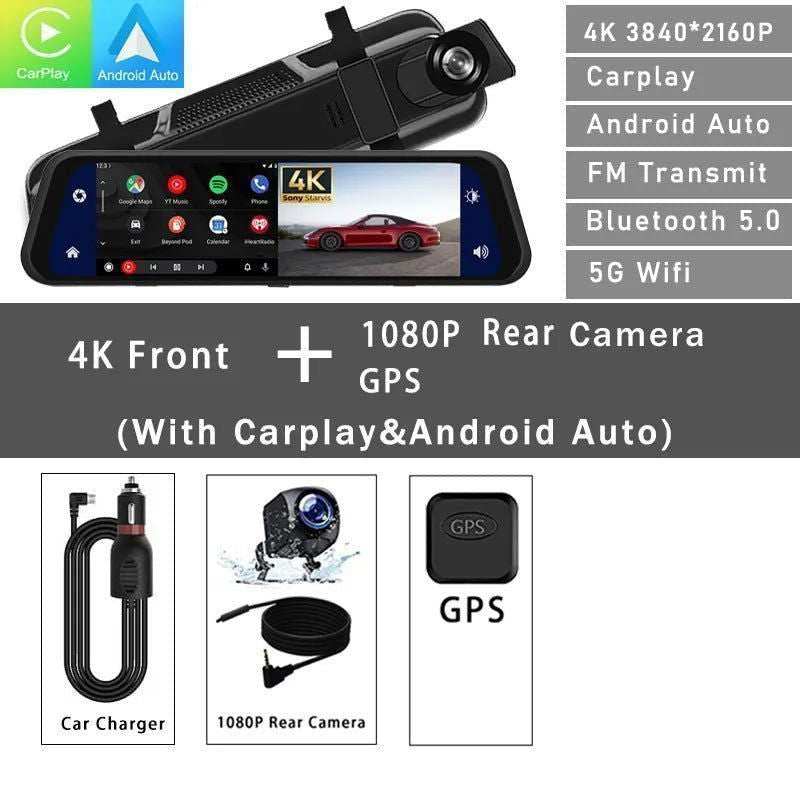 4K 2160P Carplay Android Auto Car Dvr 5G WIFI GPS Dash Cam FM Radio Dashcam Car Camera Stream RearView Mirror Drive Recorder - a1 - z1