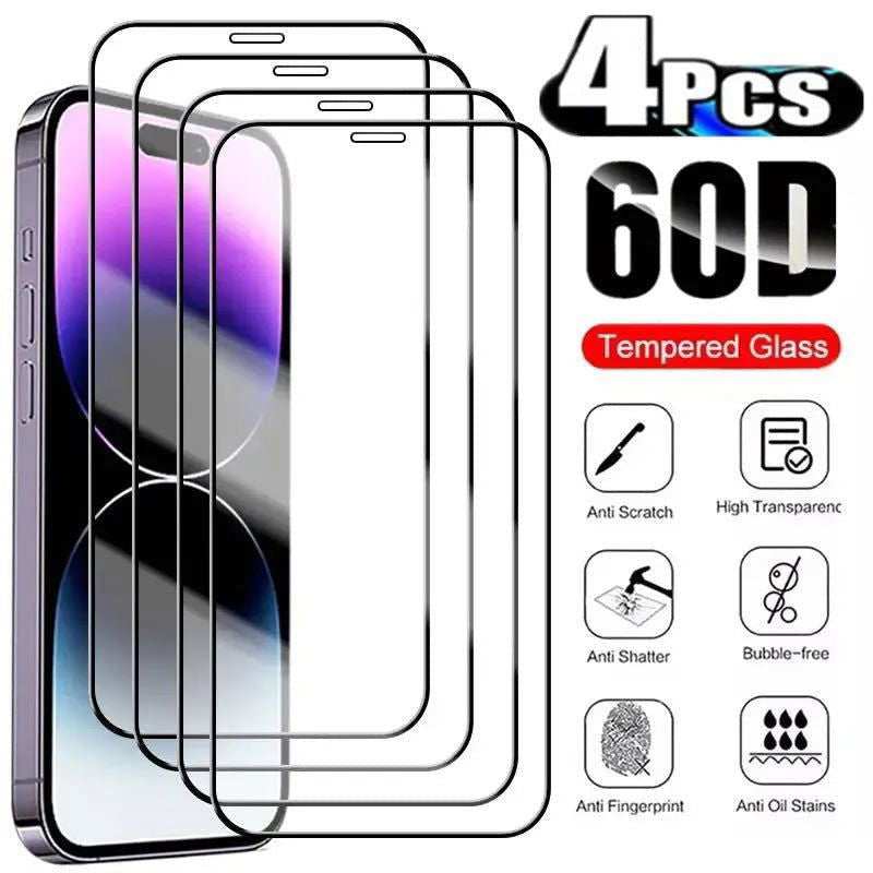 4PCS 60D Full Cover Protective Glass For IPhone 15 11 X XR XS MAX 6 7 8 Plus Screen Protectors On iPhone 13 12 Mini 14 Pro Glass - a1 - z1