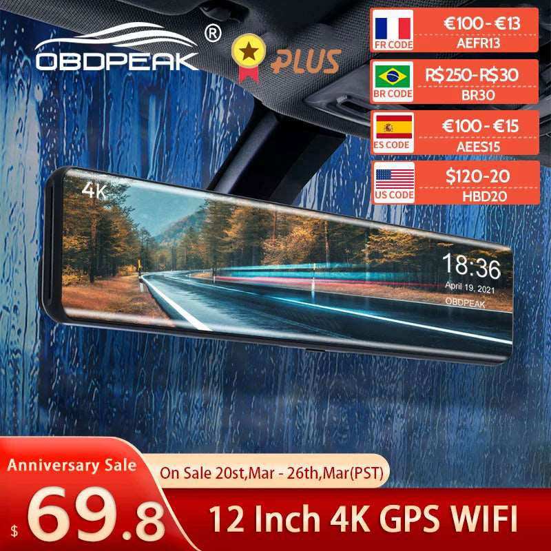 OBDPEAK H6 12" Car DVR 4K 3840*2160P Dash Cam WIFI GPS 415 Rear View Mirror 1080P Car Camera Video Recorder Park Monitor - a1 - z1