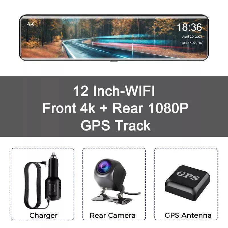 OBDPEAK H6 12" Car DVR 4K 3840*2160P Dash Cam WIFI GPS 415 Rear View Mirror 1080P Car Camera Video Recorder Park Monitor - a1 - z1