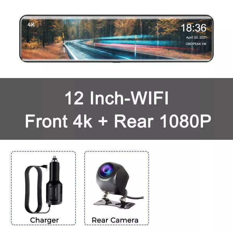 OBDPEAK H6 12" Car DVR 4K 3840*2160P Dash Cam WIFI GPS 415 Rear View Mirror 1080P Car Camera Video Recorder Park Monitor - a1 - z1